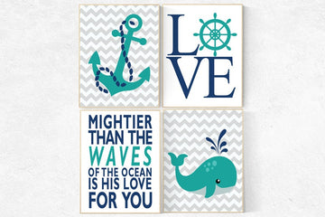 Nautical Nursery Decor, Nautical boy nursery, love print, mightier than the waves, Nautical Nursery Wall Art teal navy nursery decor whale