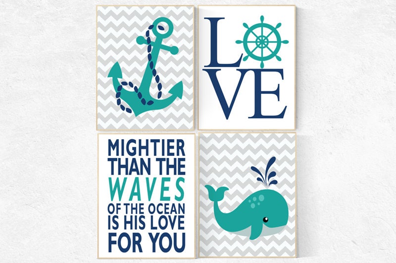 Nautical Nursery Decor, Nautical boy nursery, love print, mightier than the waves, Nautical Nursery Wall Art teal navy nursery decor whale