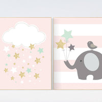 Nursery decor girl mint pink, coral mint gold, nursery decor elephant, cloud and stars nursery, mint and coral, nursery wall art elephant