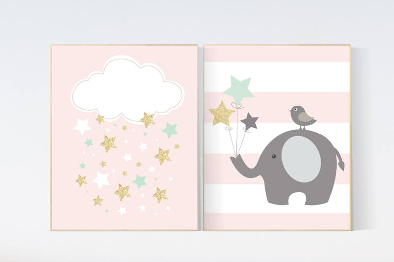 Nursery decor girl mint pink, coral mint gold, nursery decor elephant, cloud and stars nursery, mint and coral, nursery wall art elephant