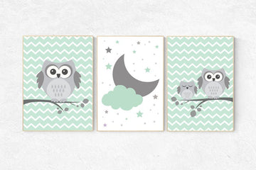 Nursery decor mint, nursery decor neutral, mint and gray nursery decor, owl nursery art, mint green nursery, green nursery, cloud and stars