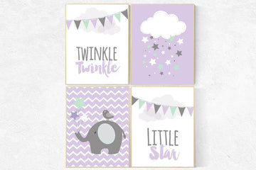 Twinkle Twinkle Little Star, Baby girl nursery decor, lilac mint nursery decor, cloud nursery girls room wall art, lilac nursery decor