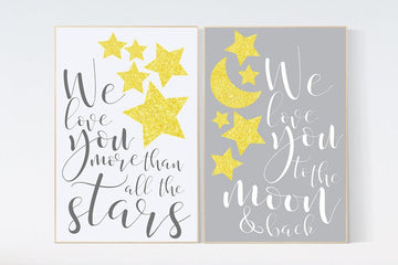 We love you more than all the stars - We love you to the moon and back, yellow nursery decor, yellow silver, gender neutral nursery wall art