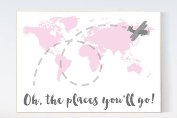 Pink nursery decor, world map nursery, Oh the places you'll go, World Map wall art, travel nursery decor,nursery decor girls, pink gray