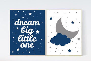 Baby boy nursery set, Moon and stars nursery, navy blue nursery decor, Dream Big Little One Art Print baby boy nursery navy gray nursery