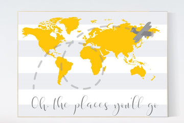 Oh the places you'll go, travel nursery decor, World Map wall art, world map nursery, yellow nursery, gender neutral nursery, yellow gray