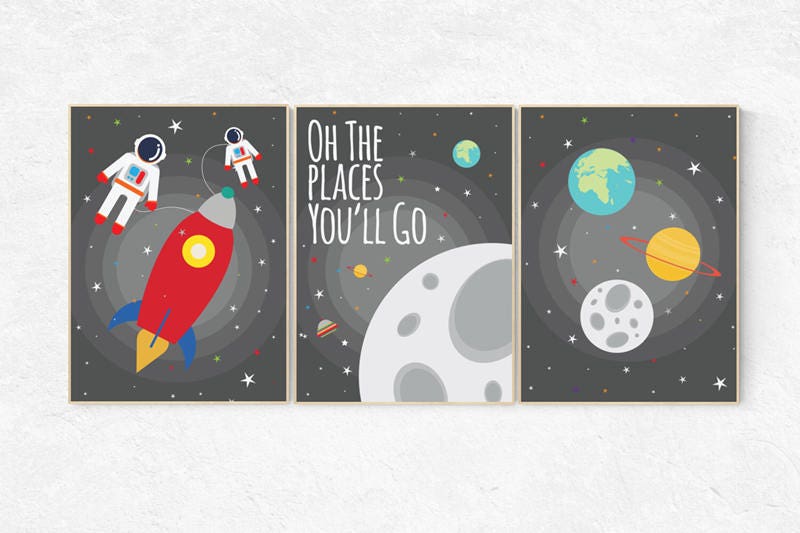 Space nursery decor, gray nursery decor, outer space nursery wall art, Oh the places you&