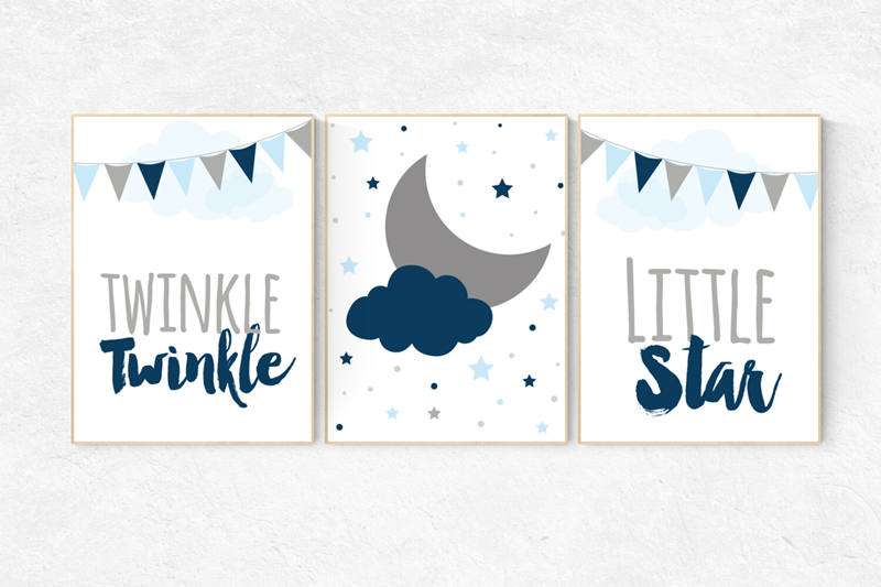 Twinkle Twinkle Little Star, cloud nursery art, Baby boy nursery decor, navy gray nursery, boys room wall art, baby room prints, set of 3