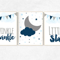 Twinkle Twinkle Little Star, cloud nursery art, Baby boy nursery decor, navy gray nursery, boys room wall art, baby room prints, set of 3