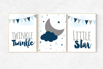 Twinkle Twinkle Little Star, cloud nursery art, Baby boy nursery decor, navy gray nursery, boys room wall art, baby room prints, set of 3