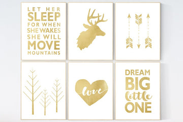 Gold nursery decor, gold girl nursery, let her sleep, adventure nursery decor, adventure nursery prints, dream big, nursery decor gold