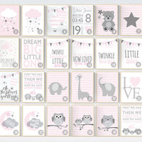 Pink Gray Nursery Art, Baby Girl Nursery Decor, Nursery Print, Baby Girl Pink Nursery Art, set of 4, Baby Girl Wall Art, cloud nursery print