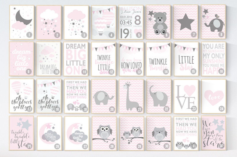 Pink Gray Nursery Art, Baby Girl Nursery Decor, Nursery Print, Baby Girl Pink Nursery Art, set of 4, Baby Girl Wall Art, cloud nursery print