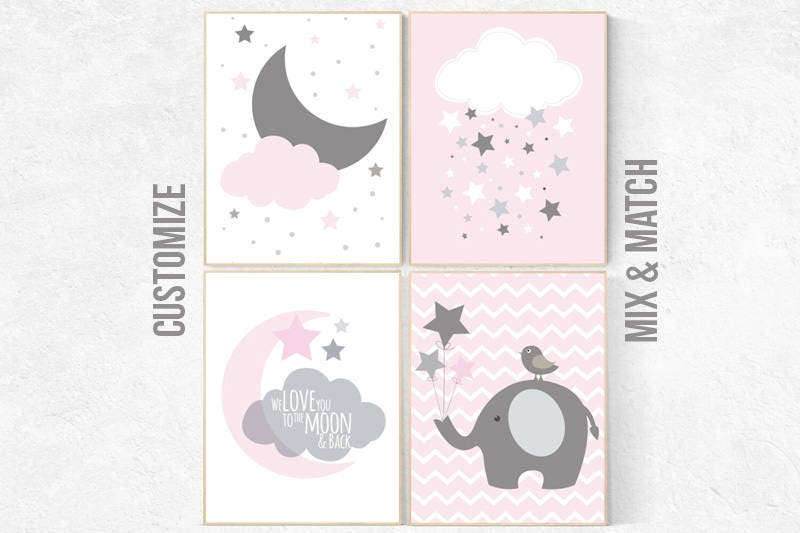Pink Gray Nursery Art, Baby Girl Nursery Decor, Nursery Print, Baby Girl Pink Nursery Art, set of 4, Baby Girl Wall Art, cloud nursery print