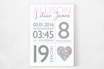 Girl birth announcement nursery decor, pink nursery decor, nursery prints, baby birth print, pink nursery, baby stats, new baby gift ideas