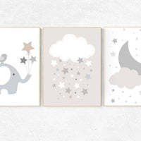 Gender neutral nursery, nursery decor elephant, cloud and stars nursery, beige and cream, neutral Nursery Decor, Gray Beige, gray nursery