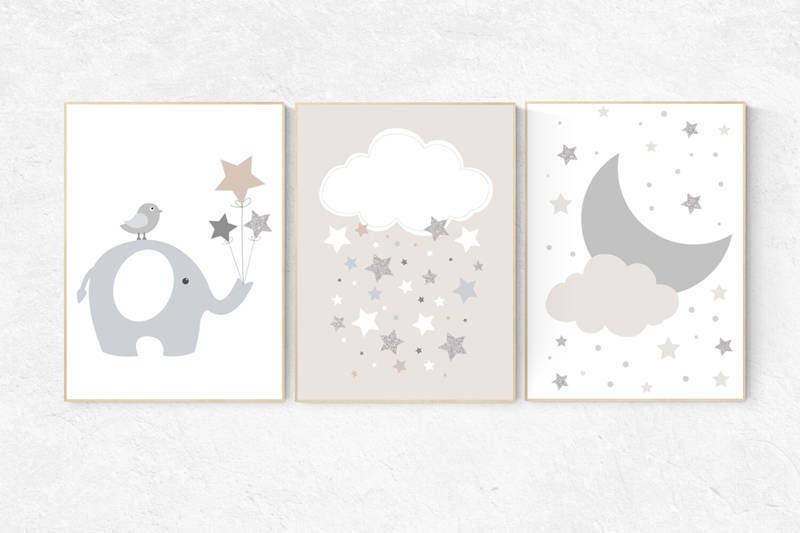 Gender neutral nursery, nursery decor elephant, cloud and stars nursery, beige and cream, neutral Nursery Decor, Gray Beige, gray nursery