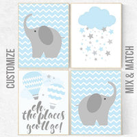 Nursery decor boy, oh the places you'll go, nursery decor elephant, nursery name sign, nursery prints boy, nursery print set boys room decor