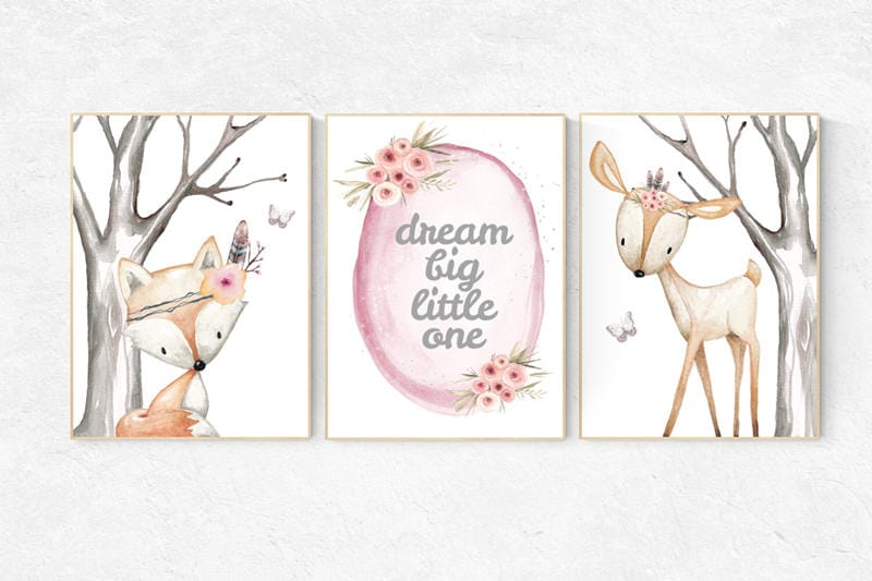 Nursery prints woodland, dream big little one, animal flower crown prints, nursery prints animals, nursery decor girl flower, flower nursery