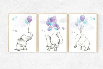 Purple mint nursery decor, nursery decor elephant, animal prints, elephant baby room, lavender mint nursery, lilac nursery, animal nursery