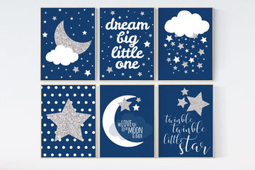 Baby boy nursery decor, navy silver nursery, navy silver nursery set, dream big little one, we love you to the moon and back, navy blue