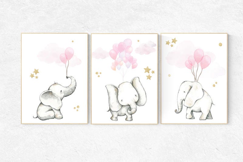 Pink gold nursery decor, nursery decor elephant, nursery decor pink and gold, animal prints, nursery decor girl elephant, baby room, gold