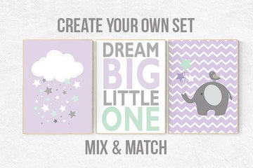 Lilac mint nursery, purple mint nursery, dream big little one, nursery decor girl, lavender mint nursery, purple mint nursery, cloud, star