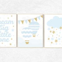 Blue gold nursery, dream big little one, blue and gold baby nursery decor, hot air balloon nursery, girls nursery room, nursery wall art