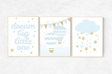 Blue gold nursery, dream big little one, blue and gold baby nursery decor, hot air balloon nursery, girls nursery room, nursery wall art