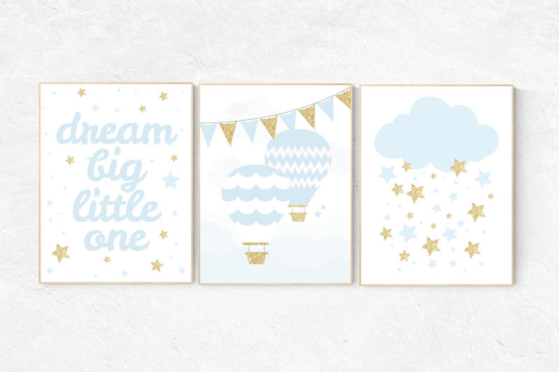 Blue gold nursery, dream big little one, blue and gold baby nursery decor, hot air balloon nursery, girls nursery room, nursery wall art