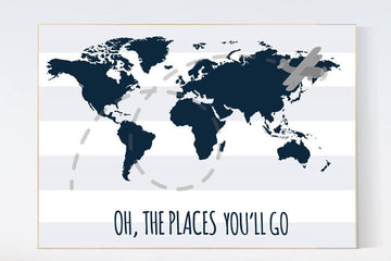 Oh the places you'll go, navy blue wall art, navy nursery, travel nursery, nursery decor boys, world map nursery, navy nursery, navy gray