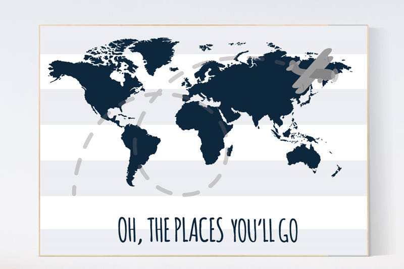 Oh the places you'll go, navy blue wall art, navy nursery, travel nursery, nursery decor boys, world map nursery, navy nursery, navy gray