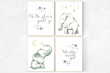 Elephant decor for nursery, Nursery decor neutral, oh the places you'll go, nursery prints elephant, elephant nursery, kids room, adventure