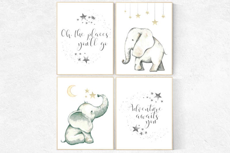Elephant decor for nursery, Nursery decor neutral, oh the places you'll go, nursery prints elephant, elephant nursery, kids room, adventure