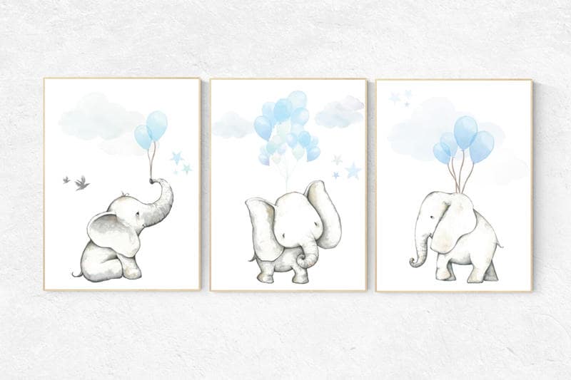 Blue nursery decor, nursery decor elephant, animal prints, nursery decor boy elephant, baby room, blue nursery, nursery decor blue, balloon