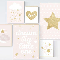 Pink gold nursery art, dream big little one, nursery decor, pale pink, pink and gold, moon nursery, nursery decor girl pink, gold nursery