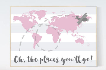 Oh the places you'll go, travel nursery decor, World Map wall art, world map nursery pink nursery decor baby girl nursery nursery decor girl