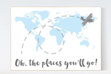 Oh the places you'll go, World Map wall art, world map nursery, Blue nursery decor, world map wall art, baby boy nursery, nursery decor boy