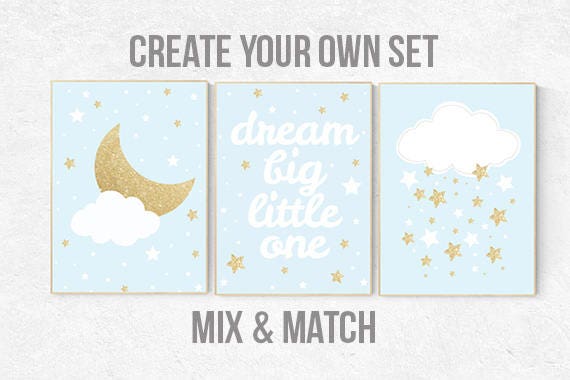 Nursery decor boy, blue gold nursery decor, cloud, stars and moon, boy nursery room wall decor, baby blue and gold, nursery prints