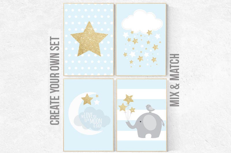 Nursery decor boy, blue nursery decor, dream big little one, blue and gold nursery, stars, cloud nursery, boys room nursery, gold nursery