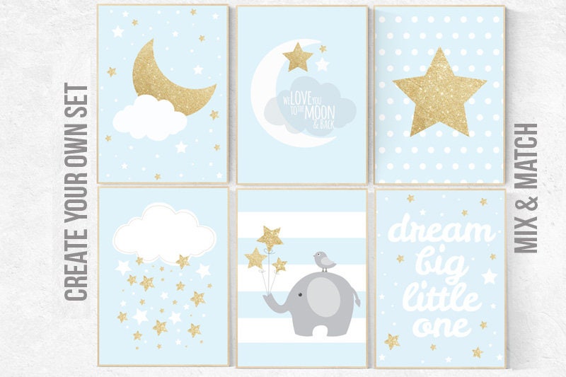 Nursery decor boy, blue nursery decor, dream big little one, blue and gold nursery, stars, cloud nursery, boys room nursery, gold nursery
