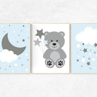 Nursery decor bear, Nursery decor boys Blue gray nursery, boys room wall art, baby room prints, cloud nursery, blue nursery, teddy bear