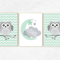 Owl Nursery Wall Art, gender neutral nursery decor, we love you to the moon, baby room decor, mint gray, owl room decor, owl nursery decor