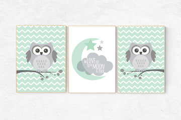Owl Nursery Wall Art, gender neutral nursery decor, we love you to the moon, baby room decor, mint gray, owl room decor, owl nursery decor