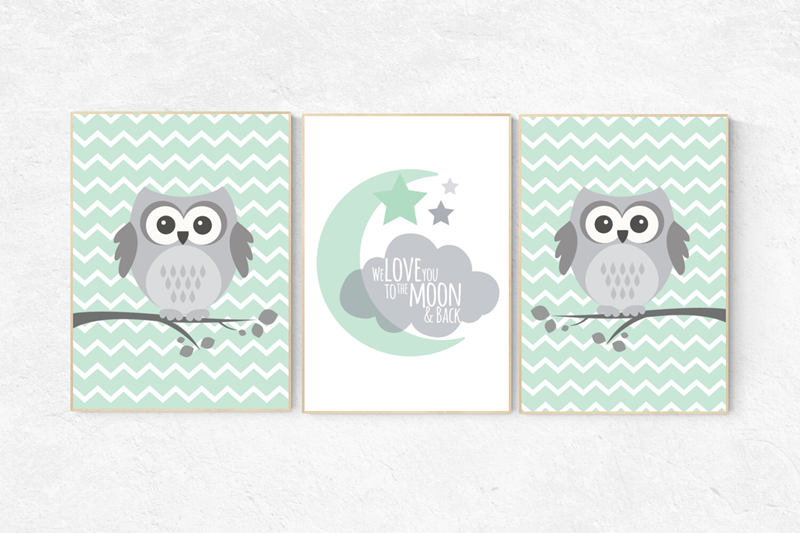 Owl Nursery Wall Art, gender neutral nursery decor, we love you to the moon, baby room decor, mint gray, owl room decor, owl nursery decor