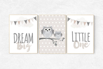 Owl nursery decor, Dream Big Little One, gender neutral nursery, beige and cream, Nursery Decor, Gray Beige gender neutral baby shower
