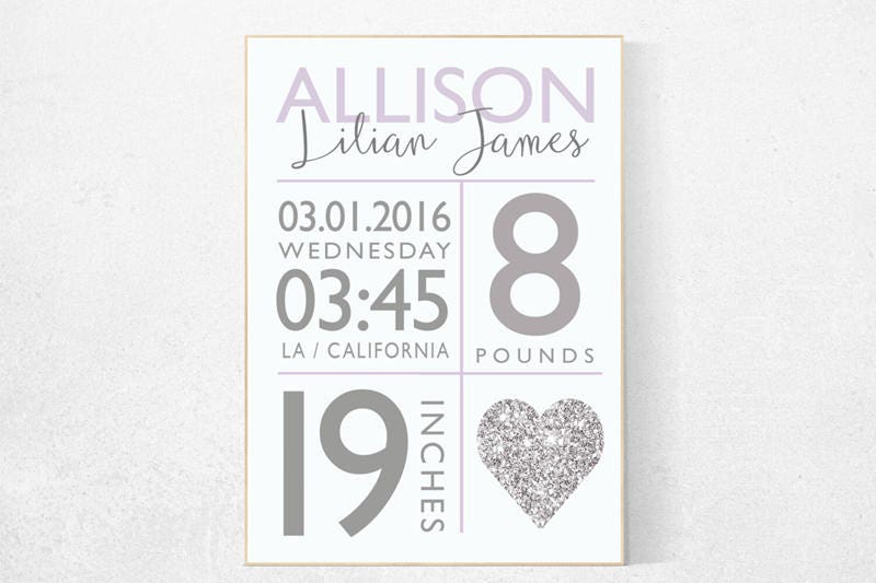 Birth stats nursery decor, purple silver nursery decor, nursery prints, baby birth print, baby stats, purple nursery, new baby gift ideas