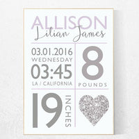 Birth stats nursery decor, purple silver nursery decor, nursery prints, baby birth print, baby stats, purple nursery, new baby gift ideas