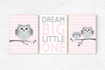 Nursery decor pink and gray, Nursery decor girls, nursery decor, Owl nursery wall art, dream big little one, pink grey, baby girl room decor