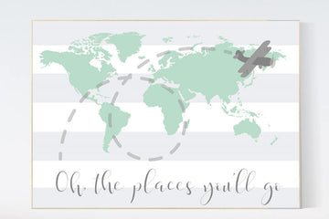 Mint nursery decor, Oh the places you'll go, world map nursery decor neutral, nursery map print, mint and gray nursery decor, adventure